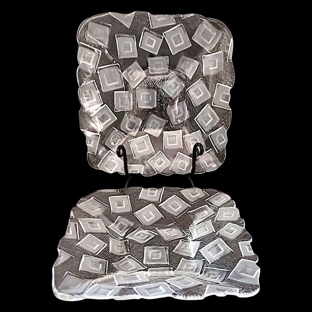 2 Mikasa Clear Glass Plates Side Frosted Square‎ Design Geometric Salad Snack